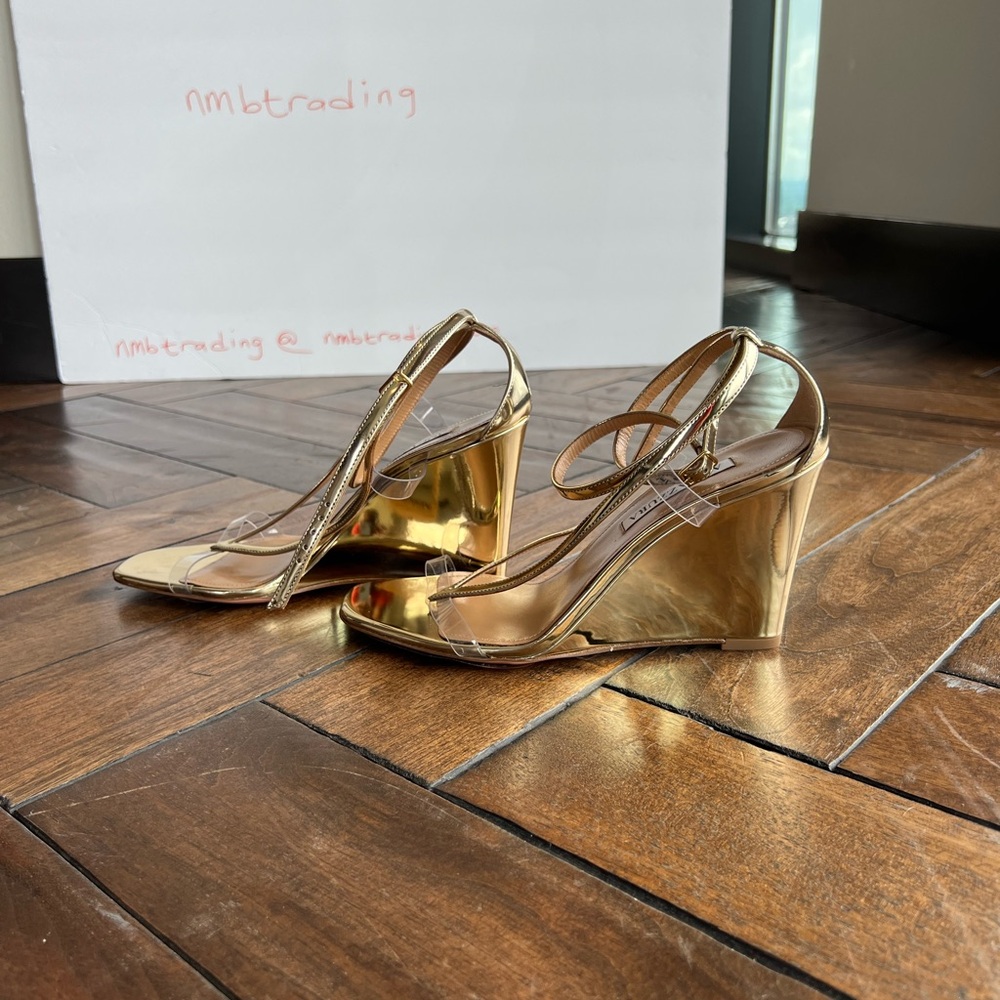 Aquazzura glossy gold metallic leather size 8M(38) strappy wedge heel sandals - Picture 3 of 16